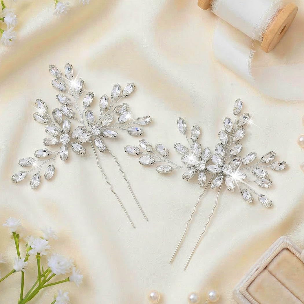 Rhinestone Bride Wedding Hair Pins Bridal Hair Clips Crystal Hair Piece Decorative Bridesmaids Hair Accessories for Women and Girls Pack of 2 (A-Silver)