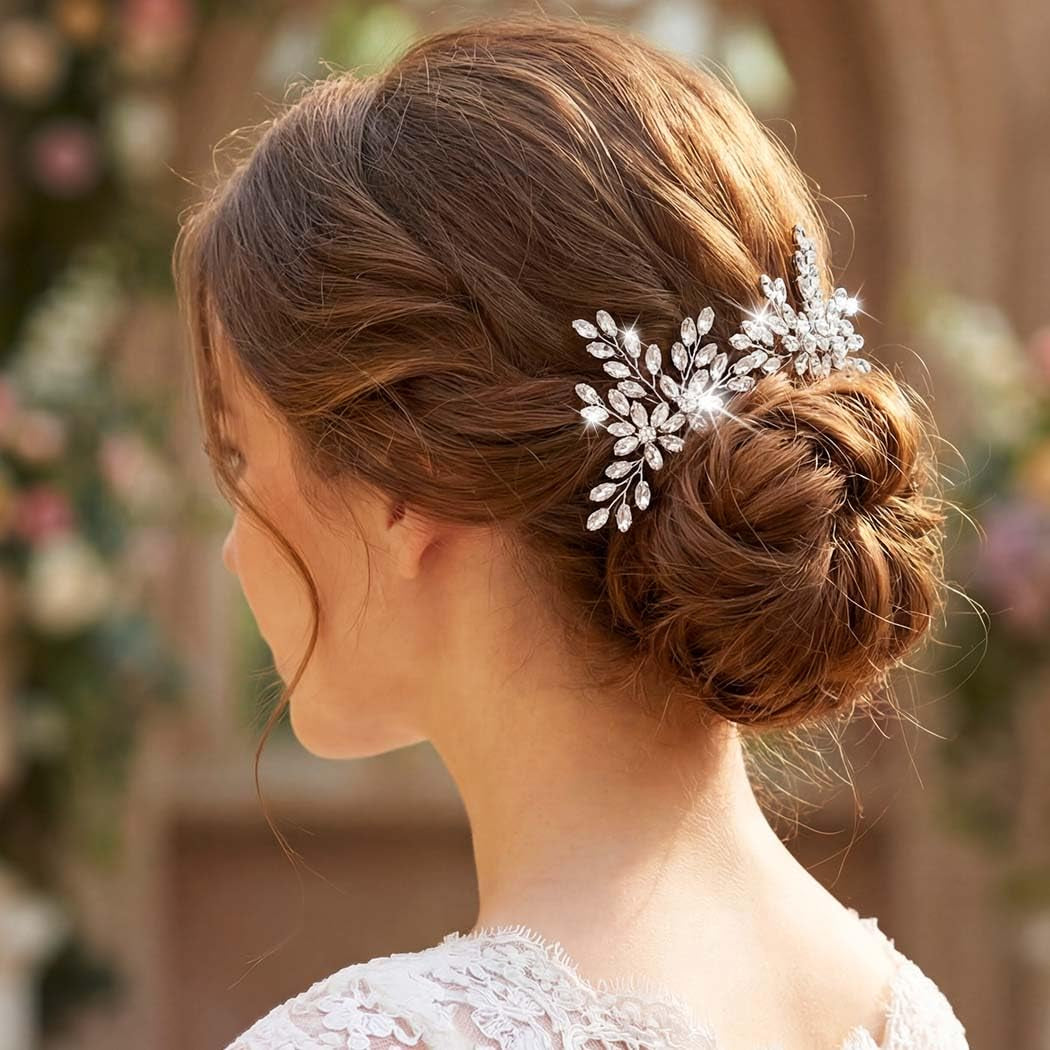 Rhinestone Bride Wedding Hair Pins Bridal Hair Clips Crystal Hair Piece Decorative Bridesmaids Hair Accessories for Women and Girls Pack of 2 (A-Silver)